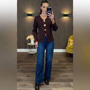 Brown gold button flared knit cardigan XL MC2-3